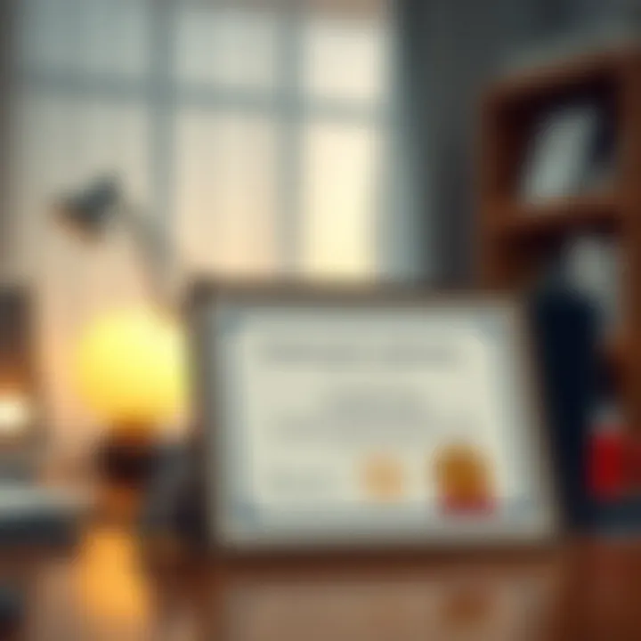 A professional certification certificate displayed on a desk.