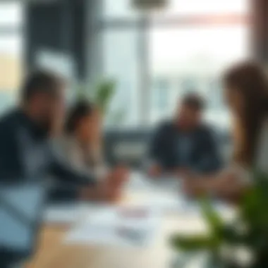 A team collaborating on a project management strategy in an office.