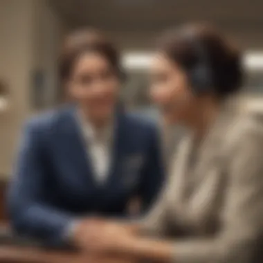 Customer service representative assisting a client in a bank