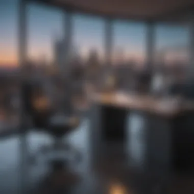 An elegant office setting with a view of the city skyline