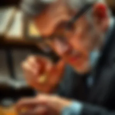 A close-up of a professional appraiser evaluating gold items with precision