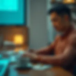 A focused individual working on a laptop with a notepad and coffee, symbolizing freelance work.