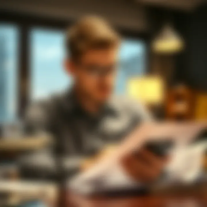 Examining Financial Documents A thoughtful individual examining financial documents with a calculator