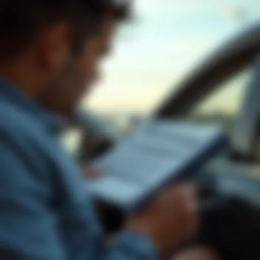 Evaluating a Vehicle for Purchase Illustration of a person examining a vehicle with a loan application in hand