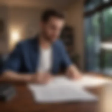 A thoughtful individual reviewing loan documents at a desk.