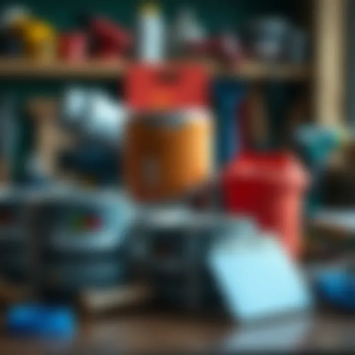 Close-up of home improvement materials such as paint cans and tools on a table