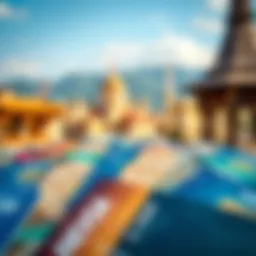 Credit cards lined up with travel destinations in the background