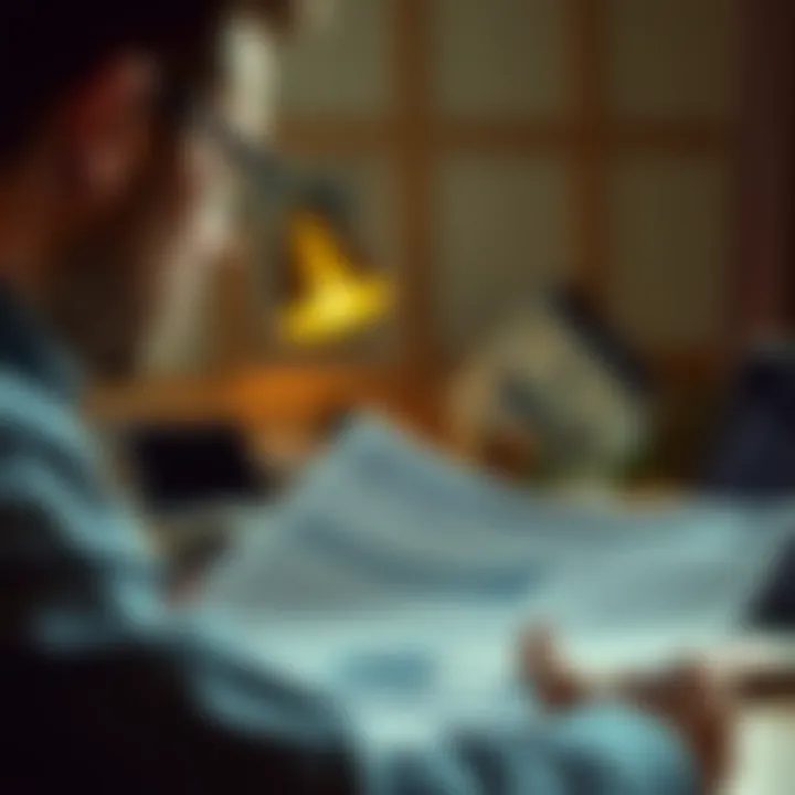 A person contemplating financial documents and a house