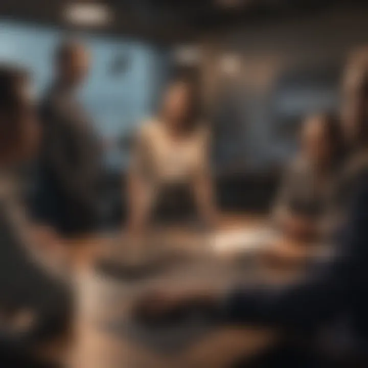 A group of professionals discussing business strategies in a modern office environment.