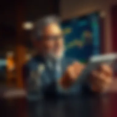 Illustration of a businessman analyzing investment options with market data